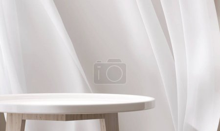 Téléchargez les photos : Table d'appoint ronde blanche brillante blanche vide, jambe en bois dans des rideaux de rideau de rideau de soufflage doux à la lumière du soleil pour les cosmétiques de luxe, les soins de la peau, les soins de beauté, fond d'affichage de produits de mode 3D - en image libre de droit