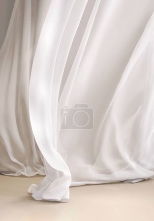 Téléchargez les photos : Apaisant, hypnotisant mouvement ondulé harmonie de la couche de soufflage blanc, beige tissu lisse et lisse rideau en tissu dans une belle lumière douce sur scène de plancher brun. Beauté, fond de produit de mode 3D - en image libre de droit