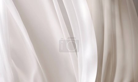 Téléchargez les photos : Doux, lisse, ondulé couche de blanc et beige soufflant rideau ondulé, tissu soyeux pure en douce belle lumière. Luxe, beauté élégante, cosmétique, soins de la peau, soins du corps, fond de produit de mode 3D - en image libre de droit