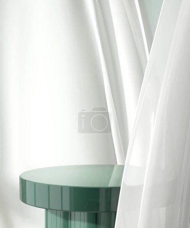 Foto de Mesa auxiliar redonda verde esmeralda brillante moderna vacía del podio en blanco suave que sopla la cortina cortina cortina en la luz del sol para el cosmético de lujo, cuidado de la piel, tratamiento de la belleza, fondo de la exhibición del producto de la manera 3D - Imagen libre de derechos