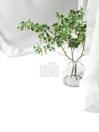 Téléchargez les photos : Table de comptoir blanche vide, draperie de rideau en tissu transparent doux et lisse, vase en verre de branche d'arbre à la lumière du soleil pour les cosmétiques de luxe, les soins de la peau, le traitement de beauté, l'affichage du produit de mode fond 3D - en image libre de droit