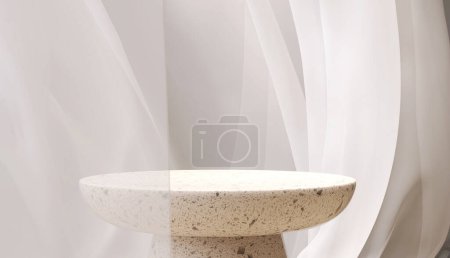 Téléchargez les photos : Table d'appoint moderne vide en terrazzo crème ronde en tissu blanc doux soufflant draperie rideau en lumière du soleil pour les cosmétiques de luxe, soins de la peau, soins de beauté, fond d'affichage de produits de mode 3D - en image libre de droit