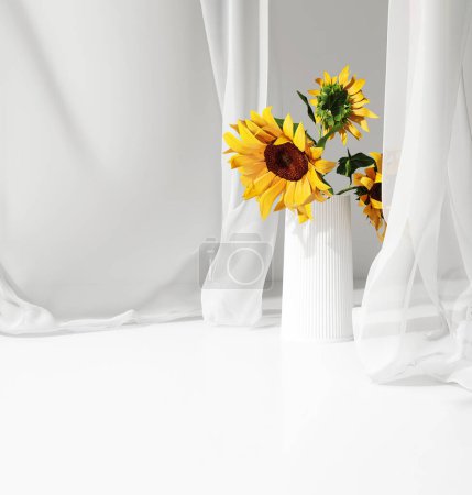 Téléchargez les photos : Table de comptoir blanche vide, draperie de rideau en tissu transparent doux et lisse, tournesol jaune dans un vase en céramique à la lumière du soleil pour les cosmétiques de luxe, les soins de la peau, la beauté, l'affichage du produit de mode fond 3D - en image libre de droit