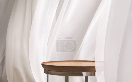 Photo for Empty modern teak wood podium side table, steel leg in soft blowing sheer curtain drapes in sunlight for luxury cosmetic, skincare, beauty, body care, fashion product display background 3D - Royalty Free Image