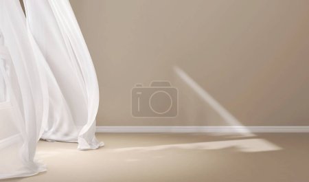 Photo for Beautiful sunlight, blowing white sheer curtain from open window on blank beige brown wall, floor, white baseboard for interior design decoration, air flow ventilation home product background 3D - Royalty Free Image