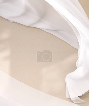 Téléchargez les photos : Plancher beige lisse vide, mur avec belle ondulée de soufflage tissu transparent blanc rideau en tissu dans la lumière douce du soleil et l'ombre. Beauté, cosmétique, soins de la peau, soins du corps, fond d'affichage de produits de mode 3 - en image libre de droit