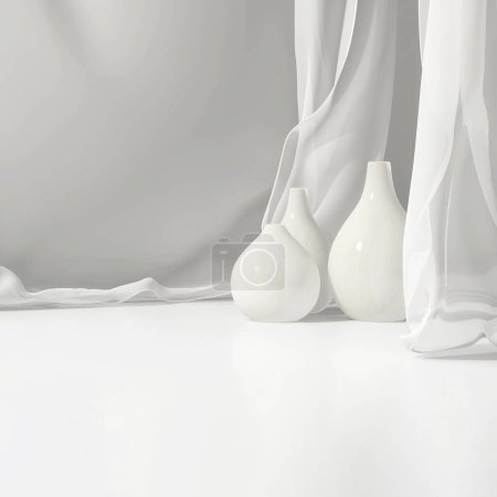 Téléchargez les photos : Table de comptoir blanche vide, vase en céramique à trois gouttelettes rondes, draperie douce et lisse en tissu transparent à la lumière du soleil pour les cosmétiques de luxe, les soins de la peau, la beauté, l'affichage du produit de mode fond 3D - en image libre de droit