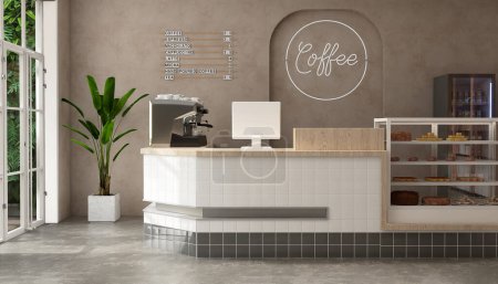 Photo for Modern, luxury tropical design cafe, wooden counter with espresso machine, cake display fridge in sunlight from outdoor garden on beige brown stucco wall, cement floor. Interior background 3D - Royalty Free Image