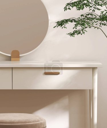 Photo for Empty modern, minimal beige dressing table, gold handle drawer storage, round vanity mirror, stool, tree in cream wall bedroom in sunlight for luxury beauty, cosmetic, makeup product background 3D - Royalty Free Image