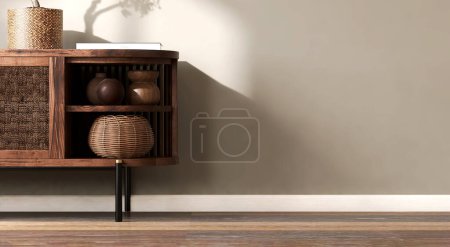 Photo for Antique vintage wooden cabinet with rattan door, black steel leg, vase in sunlight, shadow on clean, blank beige wall, parquet floor for interior design decoration, furniture product background 3D - Royalty Free Image