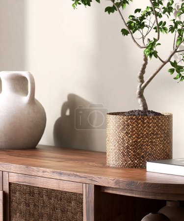 Foto de Tapa de gabinete de madera antigua asiática con árbol tropical en cesta de ratán, jarrón de arcilla a la luz del sol, sombra en la pared beige en blanco para la decoración de diseño de interiores, belleza, fondo de producto de moda 3D - Imagen libre de derechos