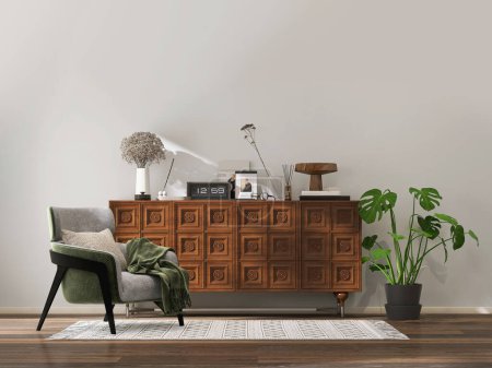 Photo for Wooden carved vintage asian cabinet with clock, flower, bouquet vase and retro armchair, monstera plant in sunlight on gray white wall, wood floor for interior design product background 3D - Royalty Free Image