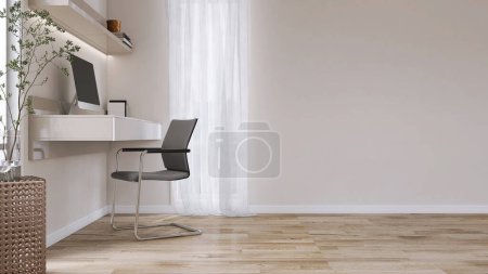 Photo for Minimal built in beige working desk with computer, shelf, black steel chair, blank cream wall, parquet floor in sunlight from window with white curtain for interior design decoration background 3D - Royalty Free Image