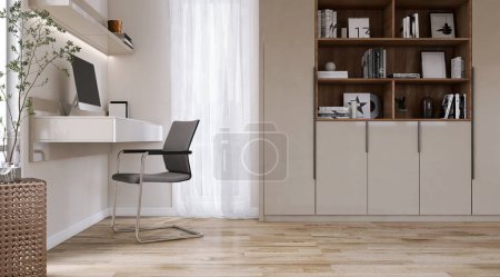 Photo for Built in beige working desk with computer, shelf, black steel chair, wooden shelf cabinet,  blank cream wall, parquet floor in sunlight from window with white curtain for interior design background 3D - Royalty Free Image