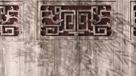 Photo for Old, antique traditional Chinese carved patten door with beautiful wood green in morning sunlight, bamboo leaf shadow and red maroon wall for Asian exterior design and architecture background 3D - Royalty Free Image