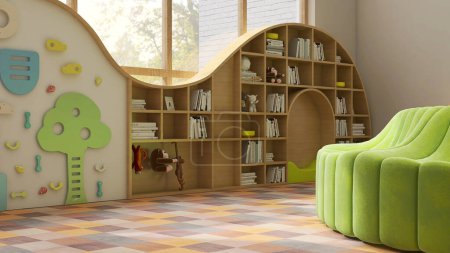 Photo for Playful decoration kindergarten playroom or preschool classroom, wooden curved book shelf, colorful carpet floor in sunlight from window for fun learn childhood education interior design background 3D - Royalty Free Image