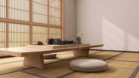 Téléchargez les photos : Chabudai bois traditionnel japonais table à pattes courtes, siège pouf rond, théière en céramique noire, tasse, fenêtre shoji en plein soleil, mur blanc. Décoration de design d'intérieur asiatique, fond d'affichage du produit 3D - en image libre de droit