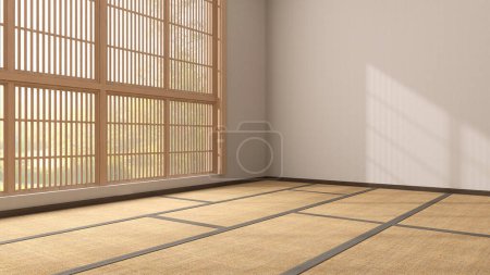 Foto de Habitación vacía de estilo japonés con piso de tatami, ventana de shoji de madera a la luz del sol, parrillas sombra en la pared blanca para la decoración de diseño de interiores de Asia Oriental, arquitectura, pantalla de producto 3D - Imagen libre de derechos