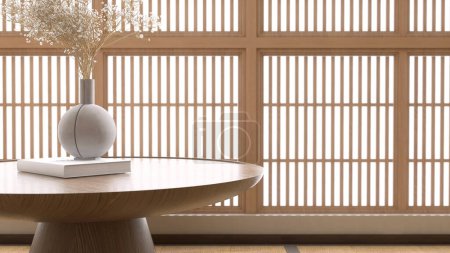 Foto de Mesa redonda de madera contador podio, jarrón gris, flor ramo blanco en libro con ventana shoji tradicional a la luz del sol para la belleza asiática, cosmética, cuidado de la piel, alimentos, pantalla de productos de moda de fondo 3D - Imagen libre de derechos