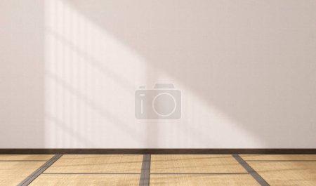 Photo for Empty Japanese style room with tatami mat floor, wood shoji window in sunlight, grills shadow on white wall for East Asian interior design decoration, architecture, product display background 3D - Royalty Free Image
