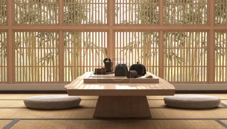 Foto de Mesa tradicional japonesa de patas cortas chabudai de madera, asiento redondo del puf, tetera de cerámica negra, taza, ventana shoji a la luz del sol, pared blanca. Decoración de diseño de interiores asiáticos, pantalla de producto 3D - Imagen libre de derechos