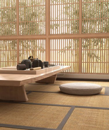 Foto de Mesa tradicional japonesa de patas cortas chabudai de madera, asiento redondo del puf, tetera de cerámica negra, taza, ventana shoji a la luz del sol, pared blanca. Decoración de diseño de interiores asiáticos, pantalla de producto 3D - Imagen libre de derechos