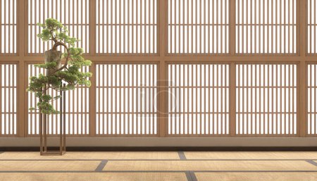 Téléchargez les photos : Grand bonsaï vert magnifique sur pied dans la chambre traditionnelle japonaise avec mur de fenêtre shoji, tatami tapis de sol à la lumière du soleil. Décoration d'intérieur asiatique, mode, fond de produit de beauté 3D - en image libre de droit