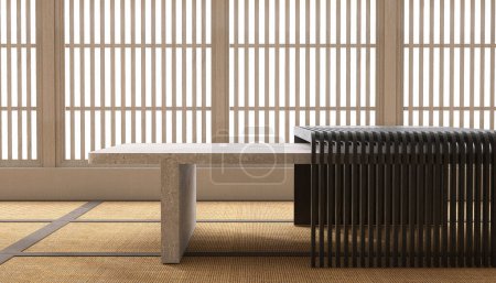 Téléchargez les photos : Table de comptoir vide en terrazzo blanc, panneau en bois noir dans la chambre traditionnelle japonaise, fenêtre shoji, tapis de tatami au sol en plein soleil. Mode de luxe asiatique, beauté, cosmétique, soins de la peau fond du produit 3D - en image libre de droit