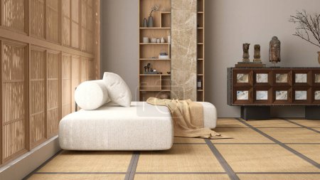 Foto de Sofá de esquina trasero moderno y minimalista de tela blanca, cojín a la luz del sol de la ventana de shoji de madera, alfombra de tatami tradicional japonesa para decoración de diseño de interiores asiáticos, pantalla de producto en 3D - Imagen libre de derechos