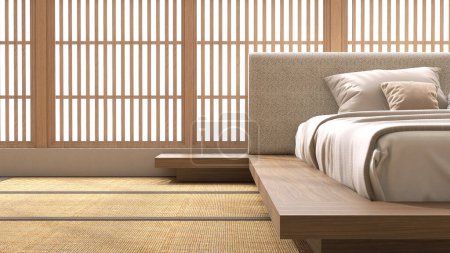 Foto de Cama de plataforma japonesa de madera con cabecera de tela, manta marrón, almohada en tatami estera a la luz del sol desde la ventana shoji para la decoración de diseño de interiores asiáticos, pantalla de producto de fondo 3D - Imagen libre de derechos