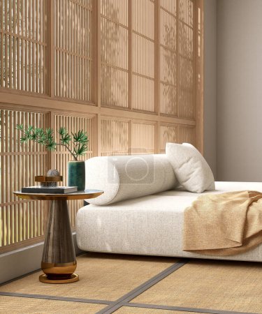 Téléchargez les photos : Table d'appoint ronde en acier marron doré en tissu blanc moderne coussin de coussin arrière canapé à la lumière du soleil de la fenêtre shoji en bois, tapis de tatami japonais. Décoration d'intérieur asiatique, fond de produit 3D - en image libre de droit