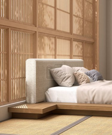 Téléchargez les photos : Lit plate-forme japonais en bois avec chevet, tête de lit en tissu, couverture brune, oreiller sur tapis tatami à la lumière du soleil de la fenêtre shoji pour la décoration intérieure asiatique, fond d'affichage du produit 3D - en image libre de droit
