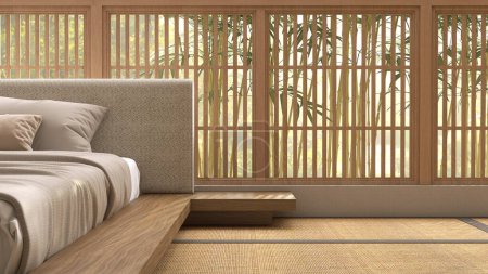 Photo for Wooden Japanese platform bed with bedside, fabric headboard, brown blanket, pillow on tatami mat in sunlight from shoji window for Asian interior design decoration, product display background 3D - Royalty Free Image