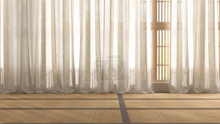 Téléchargez les photos : Gros plan de tissu de motif de dentelle crème rideau draperie, tapis de tatami japonais plancher, cadre en bois shoji fenêtre en lumière du soleil pour la décoration intérieure de l'Asie de l'Est, fond d'affichage du produit 3D - en image libre de droit