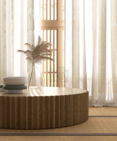 Téléchargez les photos : Podium rond en bois, côté ondulé, vase à la lumière du soleil de la fenêtre japonaise shoji, rideau de dentelle sur tatami mat pour les cosmétiques biologiques de luxe, soins de la peau, fond d'affichage de produits de soins de beauté 3D - en image libre de droit