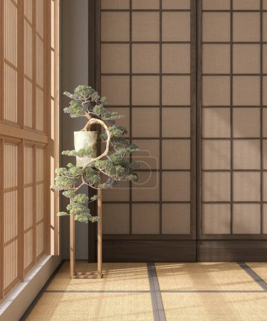 Téléchargez les photos : Grand bonsaï vert magnifique sur pied dans la chambre traditionnelle japonaise avec mur de fenêtre shoji, tatami tapis de sol à la lumière du soleil. Décoration d'intérieur asiatique, mode, fond de produit de beauté 3D - en image libre de droit