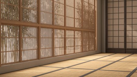 Photo for Empty traditional Japanese style room with tatami mat floor in sunlight from wood shoji blind window on tatami mat floor, wall for Asian interior design decoration, architecture, product background 3D - Royalty Free Image