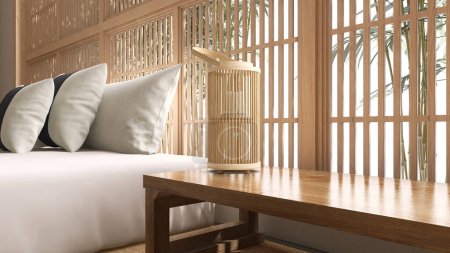 Photo for Wooden bedside table with lantern, pouf cushion seat by white bed, pillow on Japanese tatami mat in sunlight from shoji window wall for Asian interior design decoration, product display background 3D - Royalty Free Image