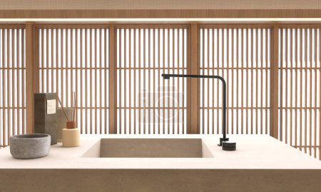 Téléchargez les photos : Comptoir de vanité minimaliste en pierre marron avec lavabo rectangulaire, robinet noir à la lumière du soleil à partir de stores shoji en bois dans la salle de bain de luxe pour cosmétiques, beauté, articles de toilette - en image libre de droit