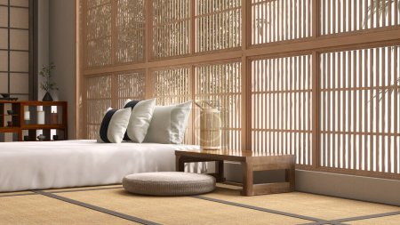 Foto de Mesita de noche de madera con linterna, asiento del cojín del puf por la cama blanca, almohada en la estera japonesa del tatami en la luz del sol de la pared de la ventana de shoji para la decoración asiática del diseño interior, fondo de la exhibición del producto 3D - Imagen libre de derechos