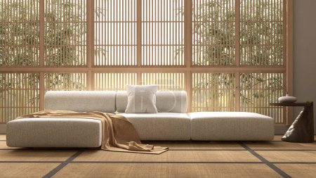 Photo for Modern, minimal white fabric bolster back corner sofa, cushion in sunlight from wooden shoji window, Japanese traditional tatami mat for Asian interior design decoration, product display background 3D - Royalty Free Image