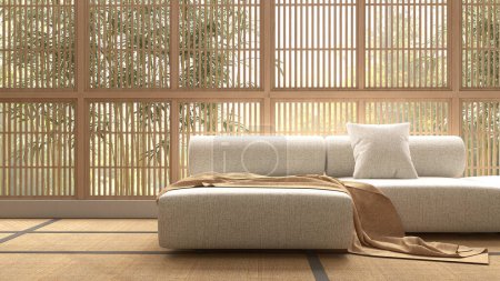 Téléchargez les photos : Canapé d'angle arrière en tissu blanc moderne et minimal, coussin à la lumière du soleil de la fenêtre shoji en bois, tapis de tatami traditionnel japonais pour la décoration intérieure asiatique, fond d'affichage du produit 3D - en image libre de droit