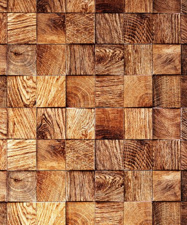 Photo for Modern, minimal, stylish decoration wall with brown square wood block mosaic, natural wood grain with different surface level for luxury interior design decoration, material background 3 - Royalty Free Image