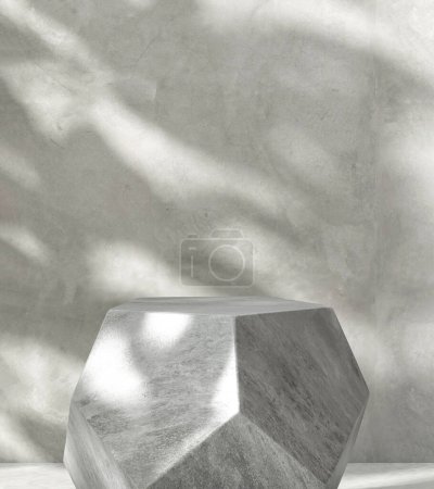Téléchargez les photos : Moderne forme géométrique grise table podium en pierre de granit, côté pentagone dans la lumière du soleil, feuille ombre feuillage sur le mur de ciment poli pour les cosmétiques de luxe, soins de la peau, fond d'affichage des produits de beauté 3D - en image libre de droit