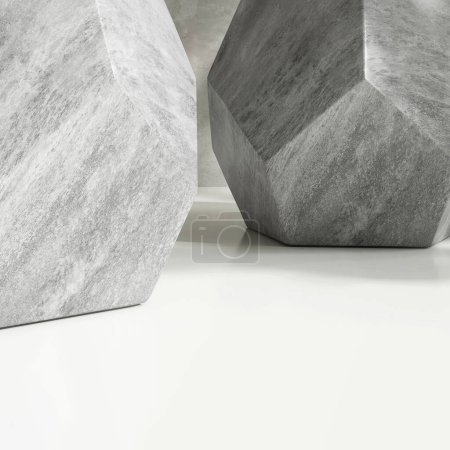 Téléchargez les photos : Comptoir de table blanc avec forme géométrique en granit gris, côté pentagone, lumière du studio sur mur en ciment poli. Mode de luxe, beauté, cosmétique, soins de la peau, bijoux design produit affichage fond 3D - en image libre de droit