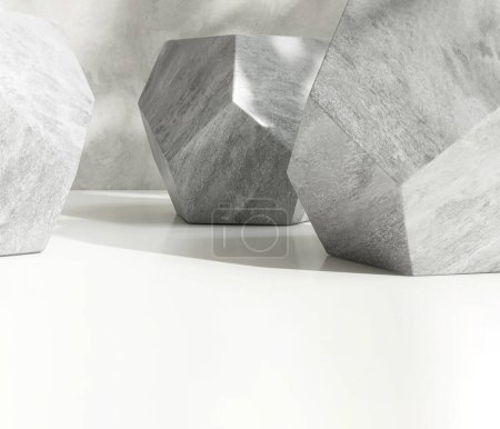Photo for White table countertop with gray granite geometric shape, pentagon side, studio light on polished cement wall. Luxury fashion, beauty, cosmetic, skincare, jewelry design product display background 3D - Royalty Free Image