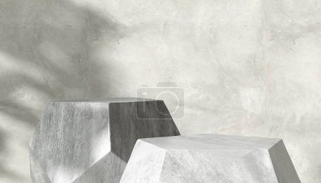 Foto de Mesa de podio de piedra de granito gris de forma geométrica moderna, lado pentágono a la luz del sol, sombra de follaje de hojas en la pared de cemento pulido para cosméticos de lujo, cuidado de la piel, fondo de exhibición de productos de belleza 3D - Imagen libre de derechos