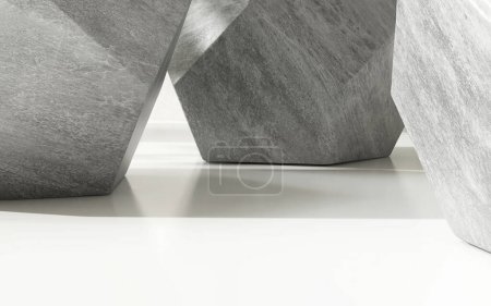 Foto de Encimera de mesa blanca con forma geométrica de granito gris, lado pentágono, luz de estudio en la pared de cemento pulido. Moda de lujo, belleza, cosméticos, cuidado de la piel, joyería diseño producto exhibición fondo 3D - Imagen libre de derechos