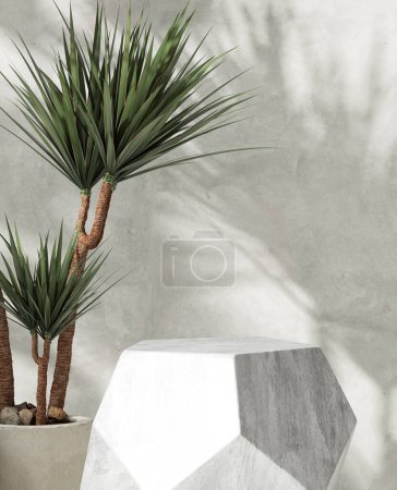 Téléchargez les photos : Moderne forme géométrique grise table de podium en pierre de granit, côté pentagone, arbre dracaena vert à la lumière du soleil, ombre de feuille sur le mur de ciment poli pour les cosmétiques, soins de la peau, fond d'affichage des produits de beauté 3D - en image libre de droit