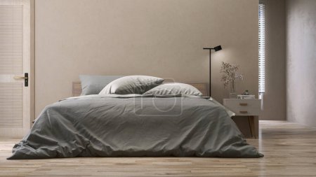 Foto de Moderno dormitorio beige de lujo con cama de madera, manta gris y almohada, mesita de noche, lámpara de pie negra a la luz del sol de la ventana en la pared de estuco marrón para el fondo de diseño interior 3D - Imagen libre de derechos